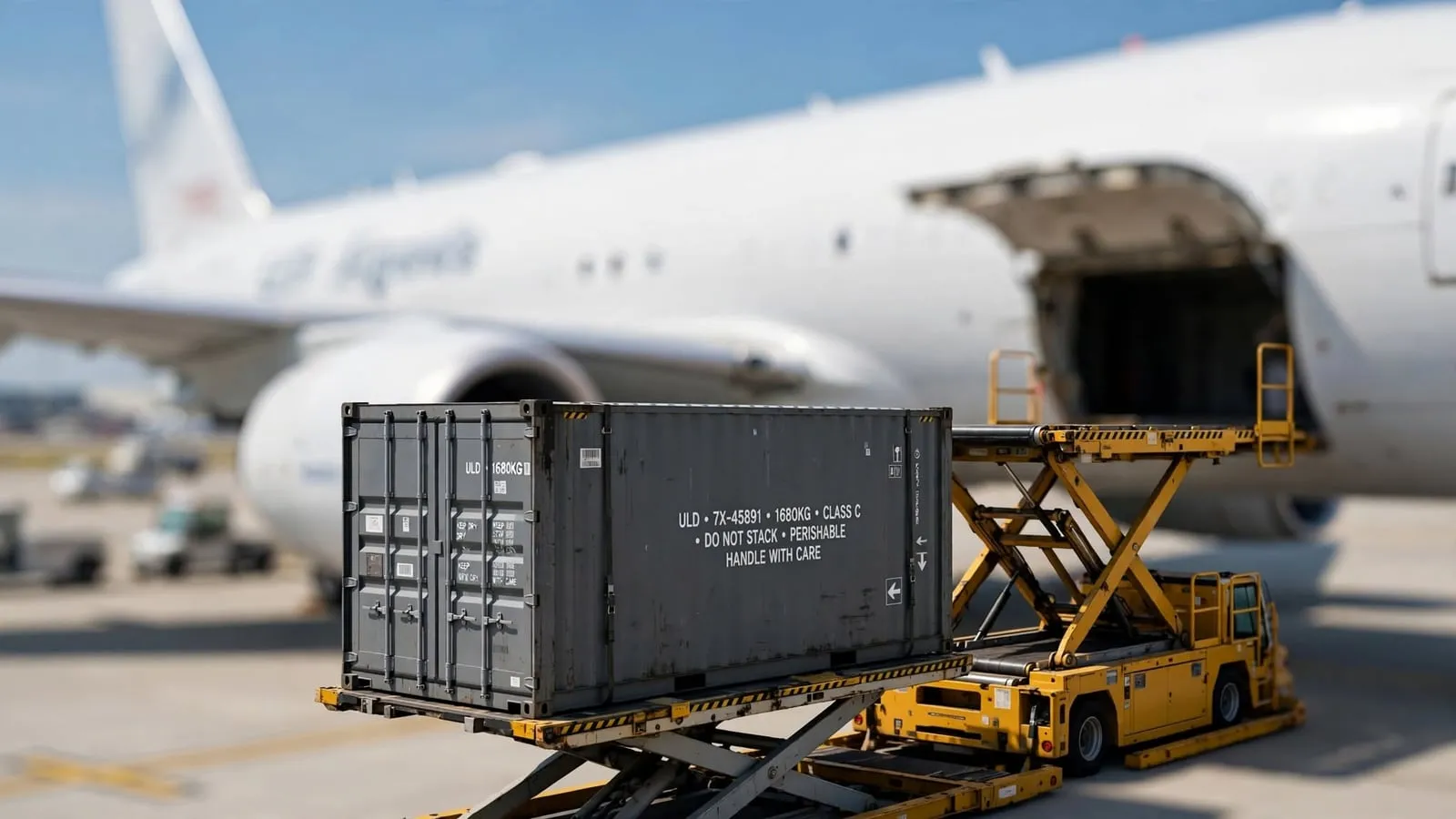An air cargo container being loaded beside an aircraft on the apron