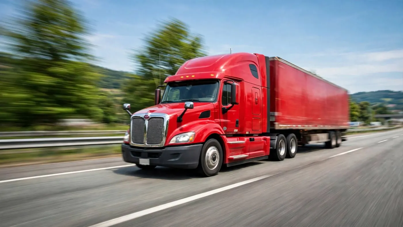 A red semi-truck with a red trailer driving along a highway lined with trees
