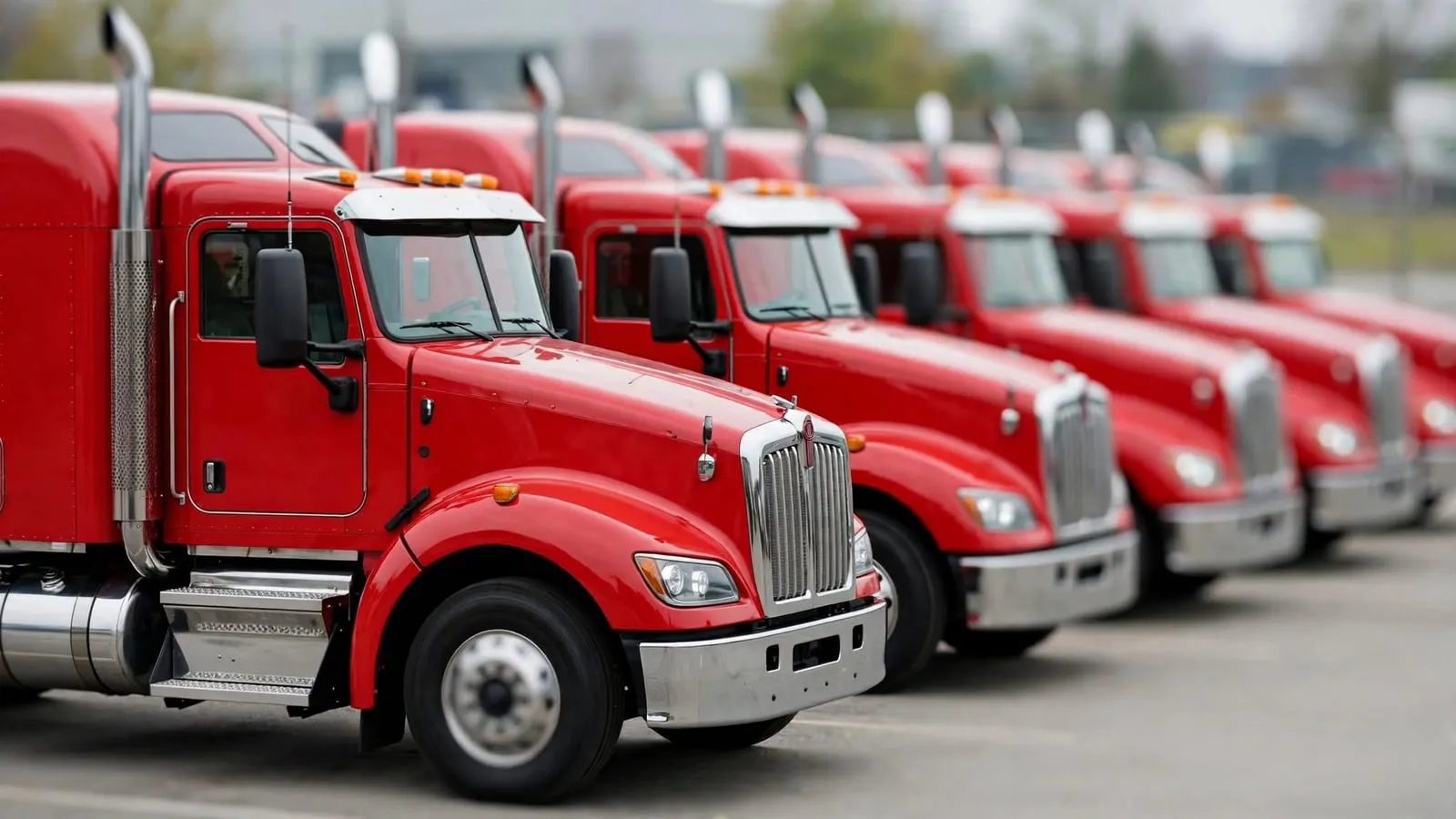 A row of red semi-trucks parked nose to tail in a yard