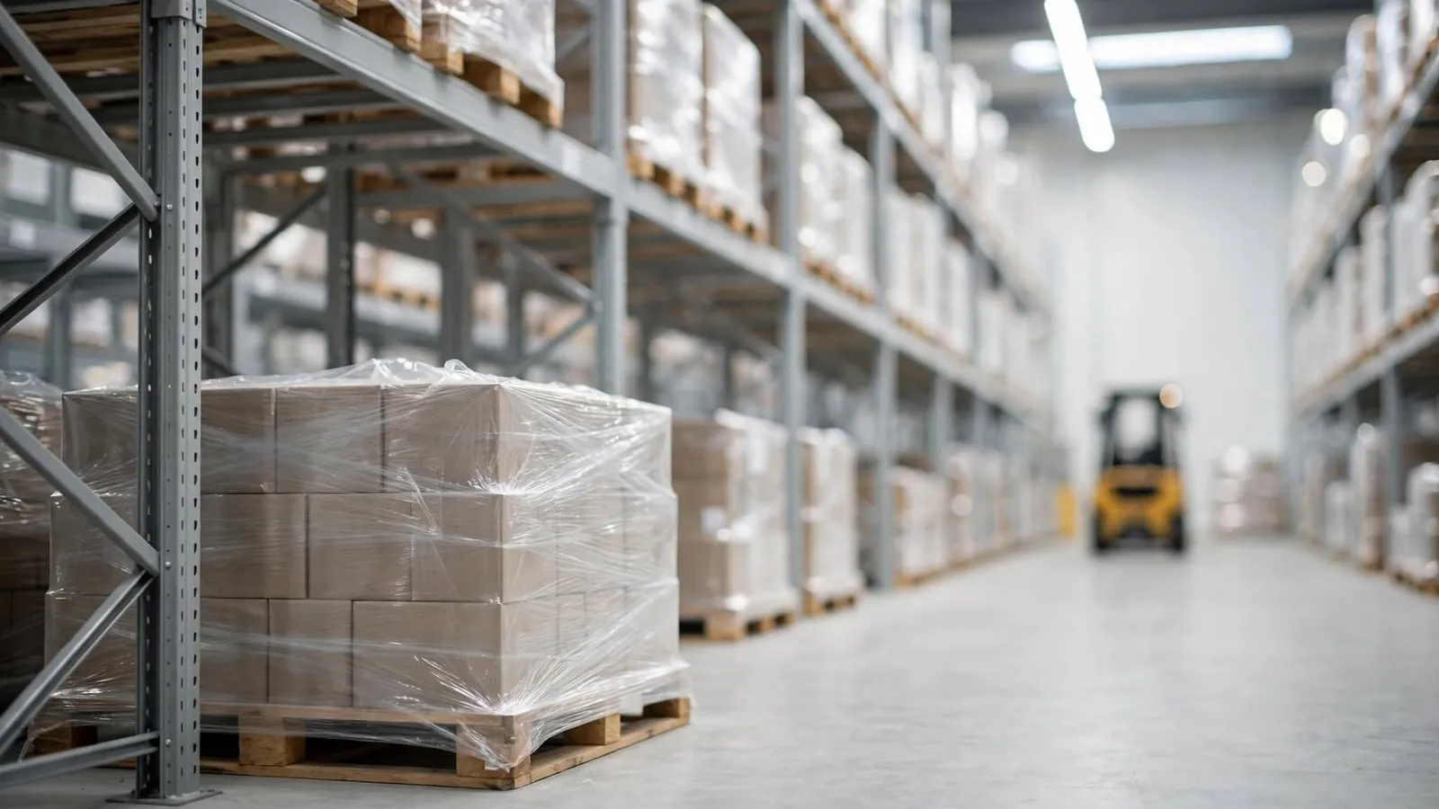 Shrink-wrapped pallets of boxes in a warehouse aisle