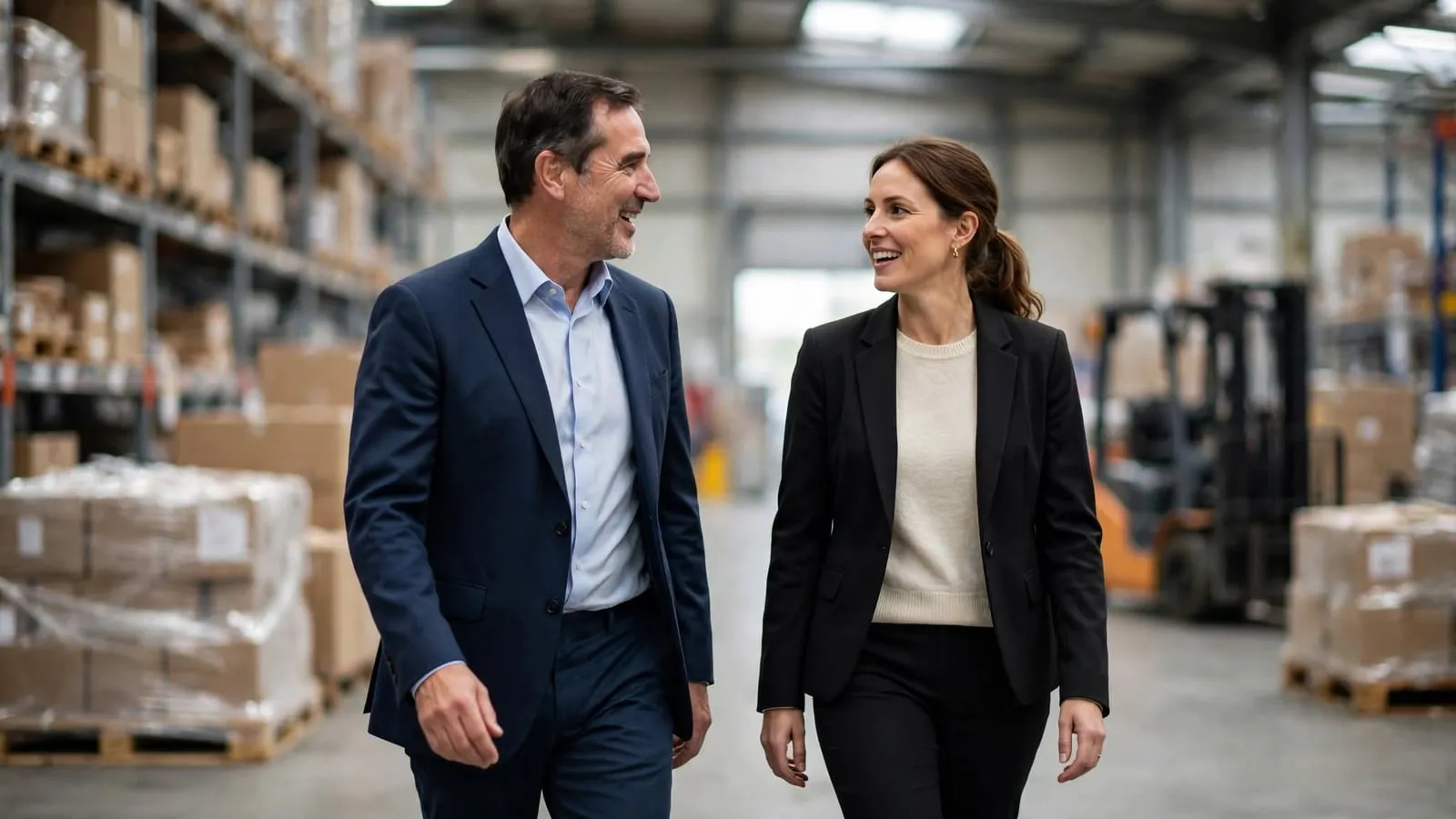 A man and a woman in business dress walking and talking through a warehouse aisle
